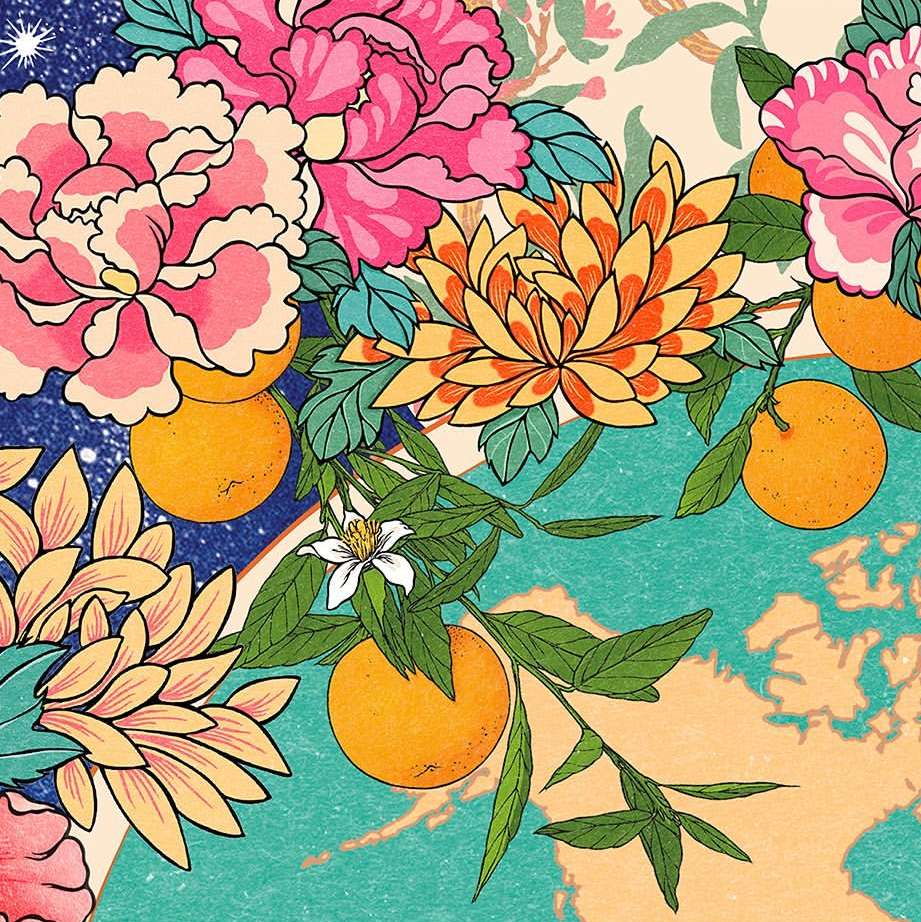 Illustration of vibrant pink and yellow flowers with green leaves and oranges on branches set against a painterly backdrop.