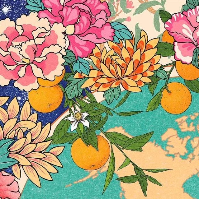 Illustration of vibrant pink and yellow flowers with green leaves and oranges on branches set against a painterly backdrop.