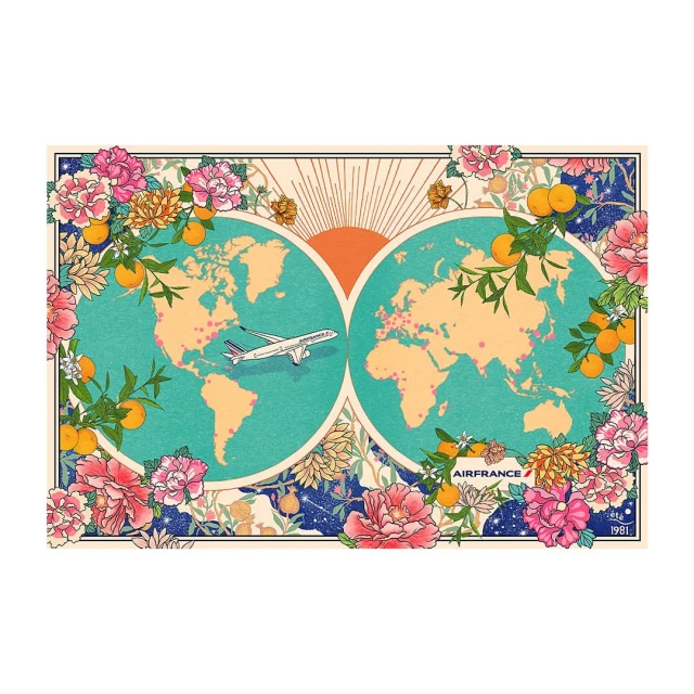 Decorative world map illustration featuring Air France airplane, flowers, oranges, and sunburst design elements in a flat lay composition.