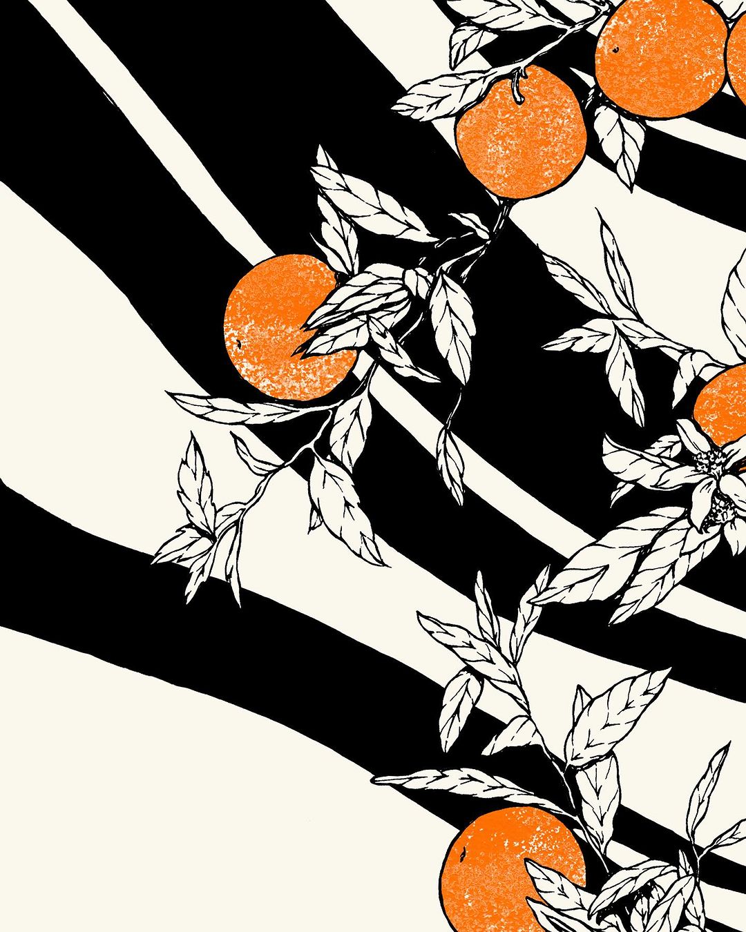 Illustration of a citrus fruit branch with green leaves on a black and white striped background, created with art and illustration techniques.
