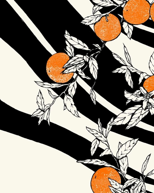 Illustration of a citrus fruit branch with green leaves on a black and white striped background, created with art and illustration techniques.