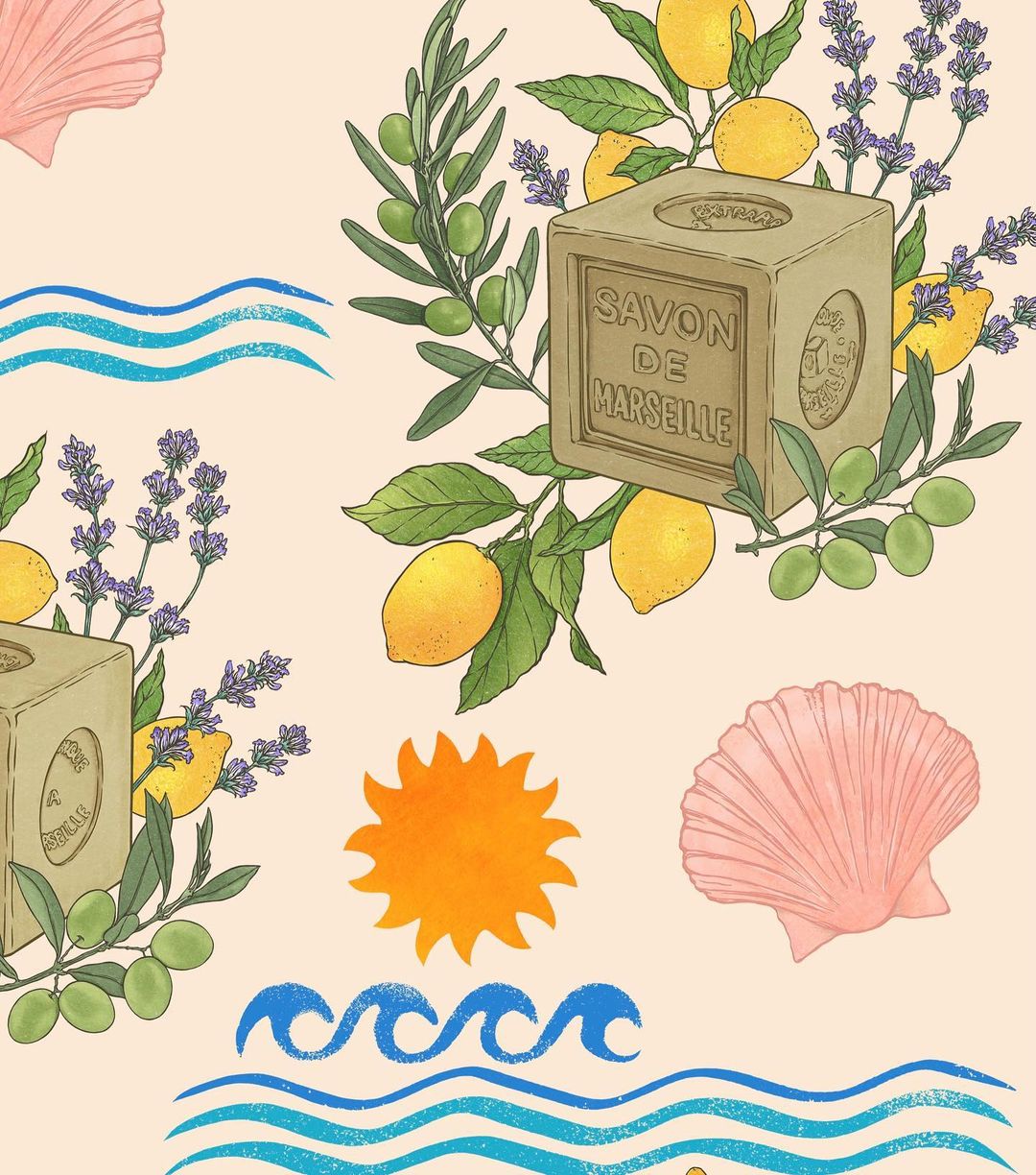 Illustration of Marseille soap, lemons, olives, lavender, seashells, and waves on a light peach background, showcasing beauty ingredients.