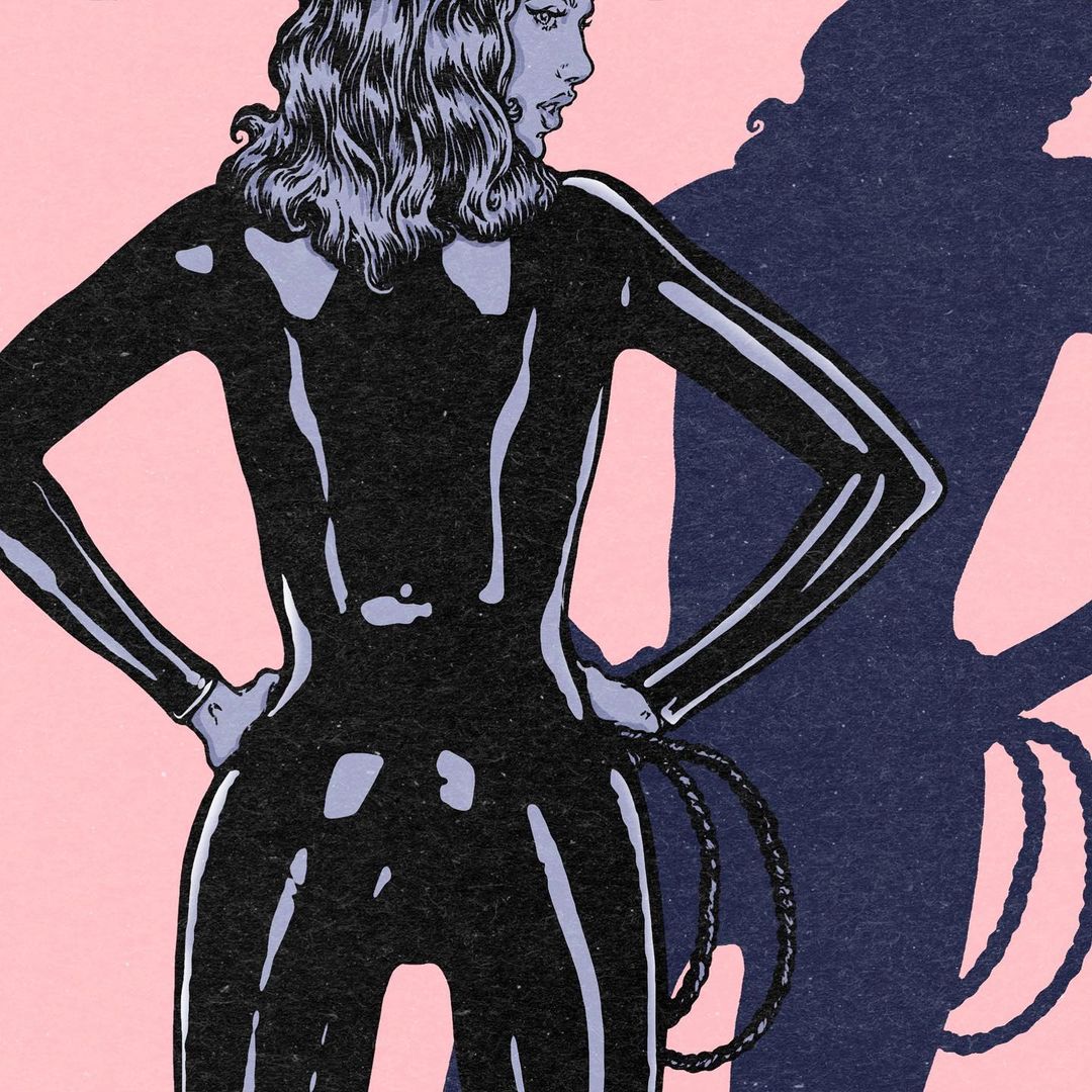 Illustration of a woman in a black latex catsuit standing with hands on her hips, with a shadow of herself holding a whip.