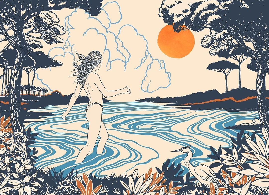 Illustration of a woman wading in water, trees and foliage in the foreground, and a bird and the sun in the background.