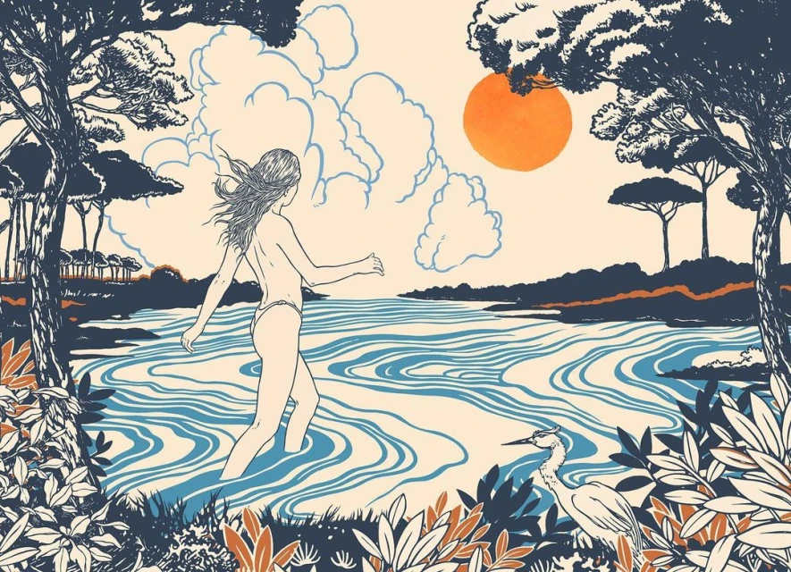 Illustration of a woman wading in water, trees and foliage in the foreground, and a bird and the sun in the background.