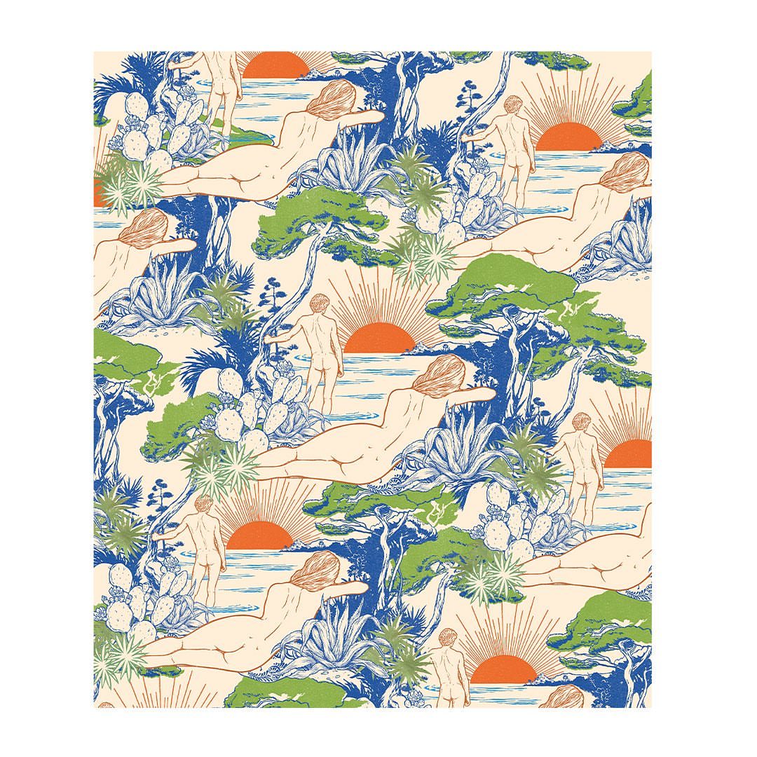Illustration featuring nude figures, trees, cacti, and suns in blue, green, orange, and white. This pattern creates a natural and whimsical scene.