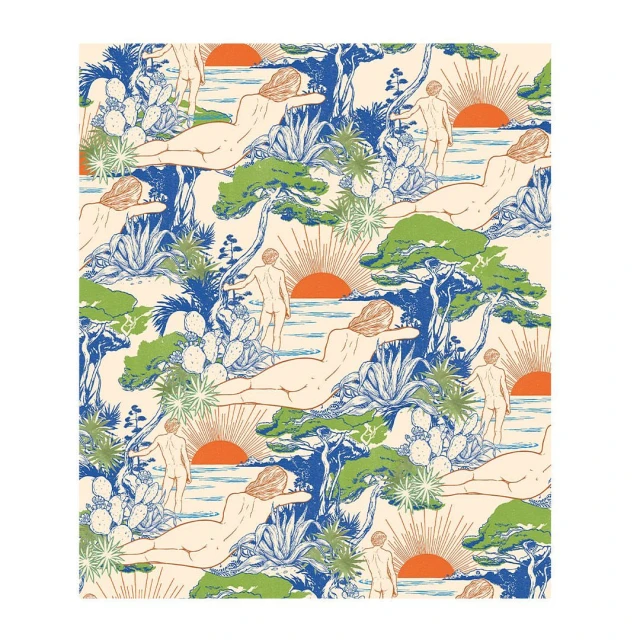 Illustration featuring nude figures, trees, cacti, and suns in blue, green, orange, and white. This pattern creates a natural and whimsical scene.