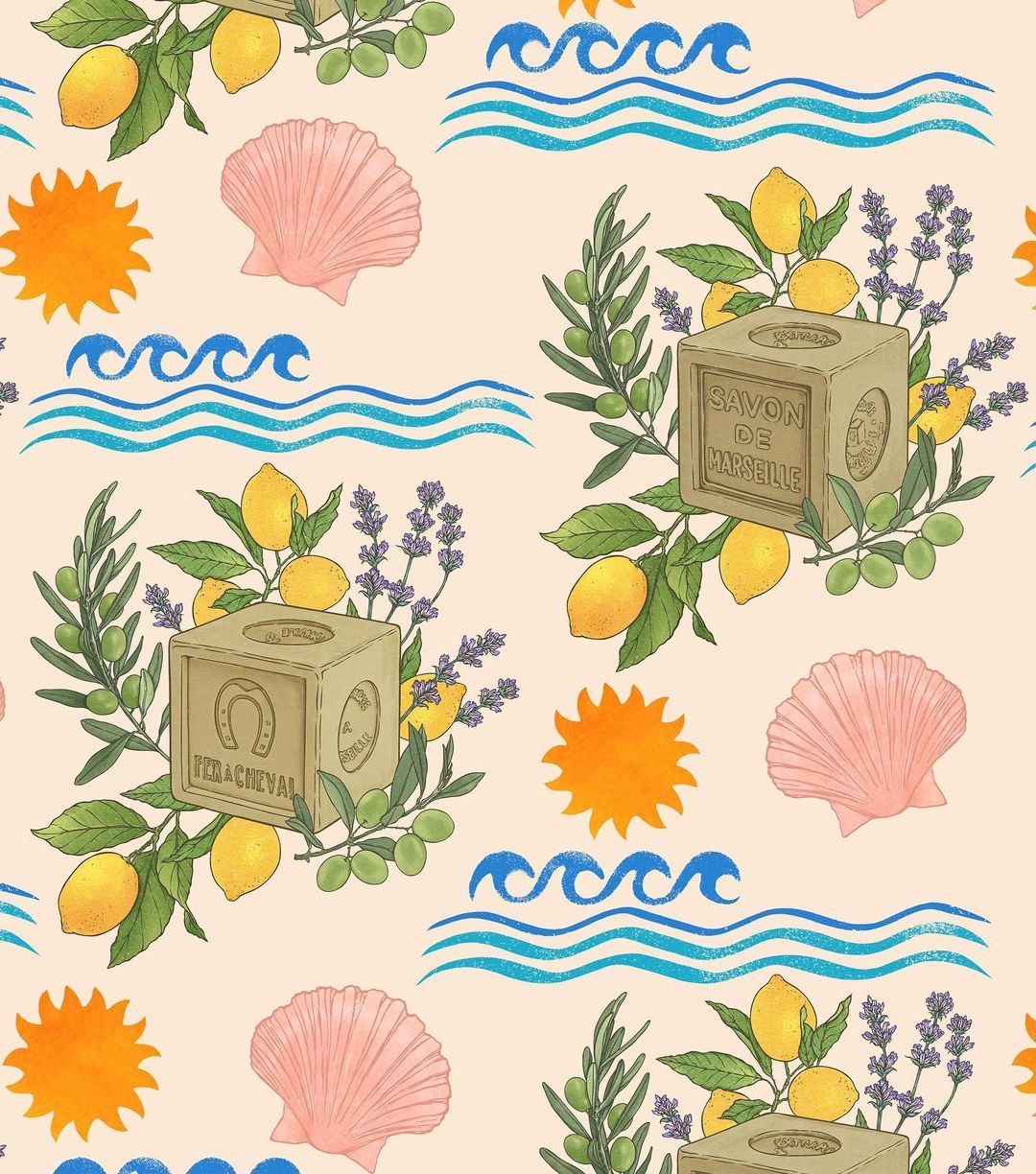 Illustration of soap blocks with lemons, olives, lavender, seashells, suns, and waves in a seamless pattern on a beige background.