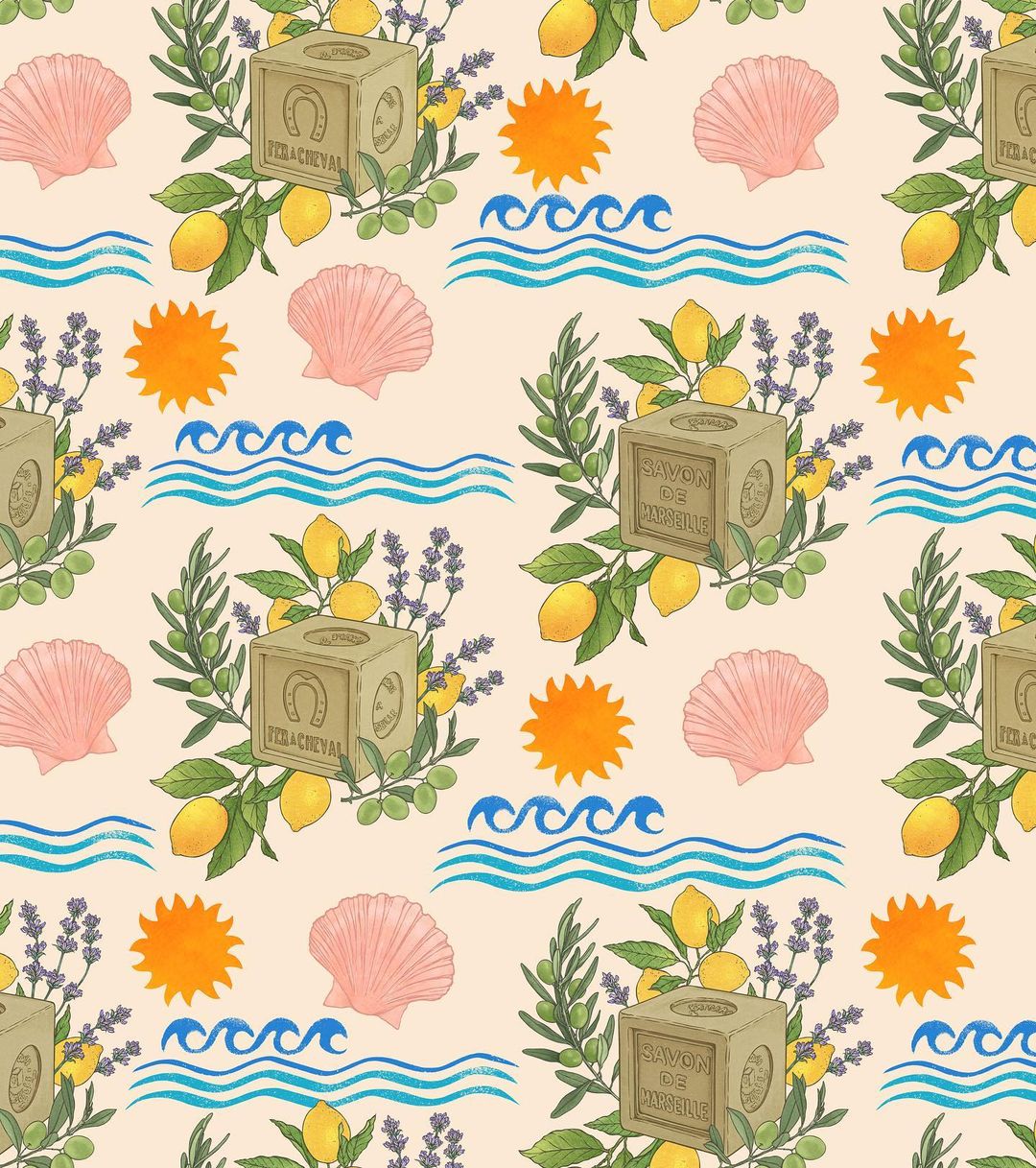 Illustration of a seamless pattern with decorative lemons, shell, waves and a soap box on a light peach background.