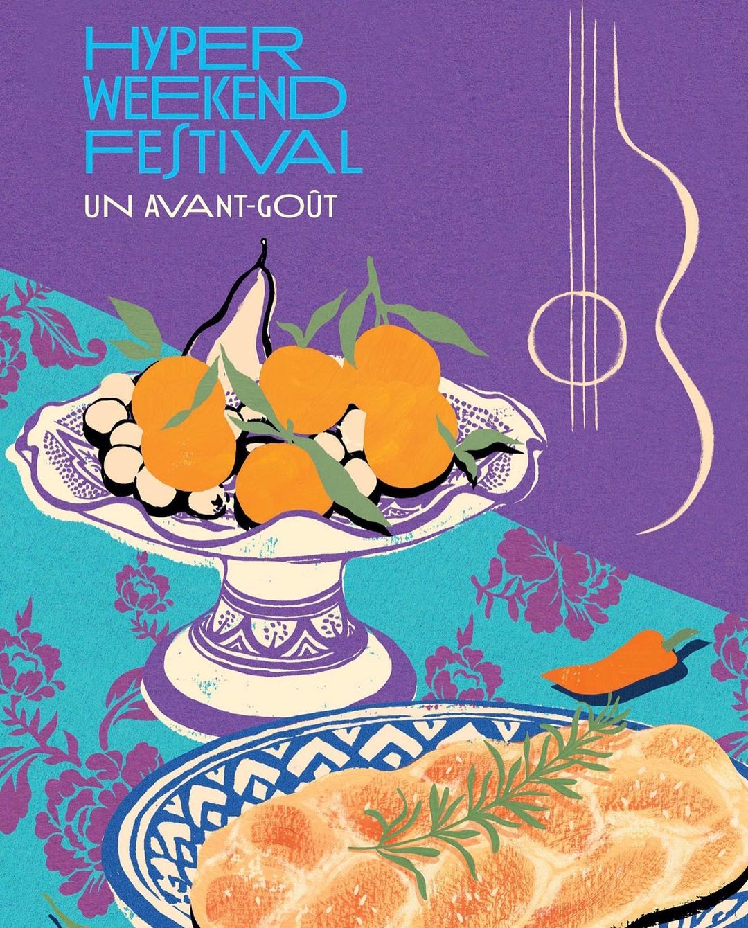 Illustration of a table setting with fruit, a guitar outline, and 'Hyper Weekend Festival' text, set against a purple and turquoise background.