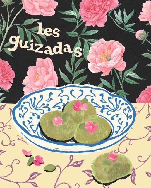Illustration of plate of green cakes with pink flowers, resting on a tablecloth with peony wallpaper, and a title text overlay.