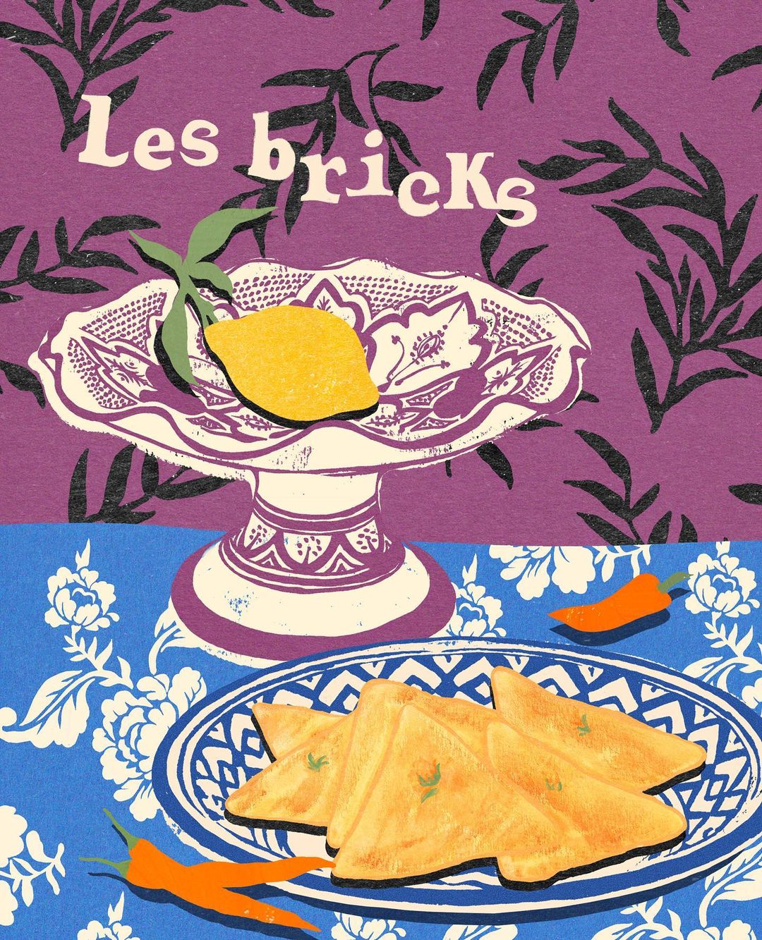 Whimsical illustration of a lemon on a cake stand, accompanied by toast and peppers on a floral tablecloth against a purple backdrop.