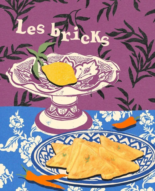 Whimsical illustration of a lemon on a cake stand, accompanied by toast and peppers on a floral tablecloth against a purple backdrop.