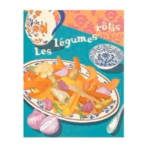 Illustrated plate of roasted vegetables with onions and a decorative water pitcher and bowl against an orange and teal background.
