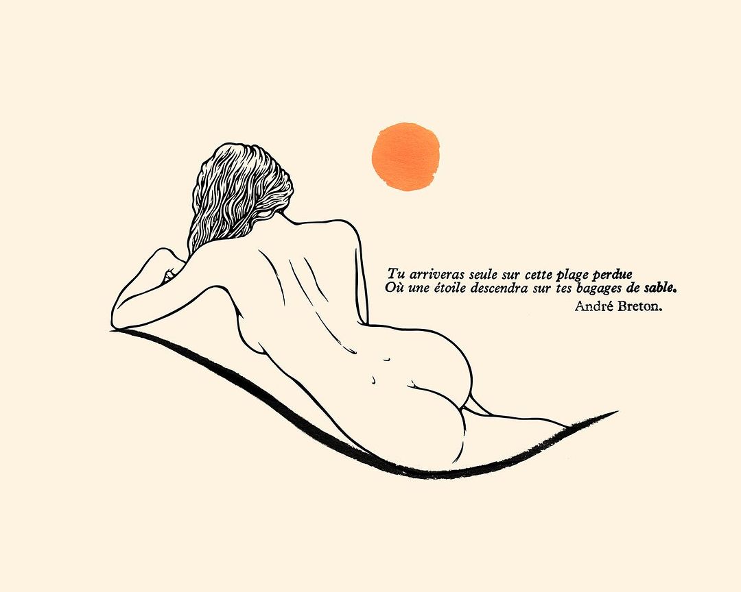 Illustration of a nude adult female figure lying on a blanket facing away, against a cream background with a sun and accompanying text.