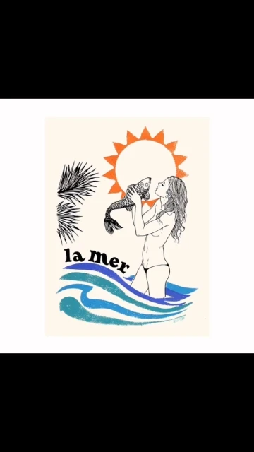 Artistic rendering of a slender woman holding a fish up to her face, with black palm fronds, a bright orange sun, and ocean waves in the background.