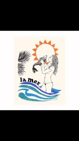 Artistic rendering of a slender woman holding a fish up to her face, with black palm fronds, a bright orange sun, and ocean waves in the background.