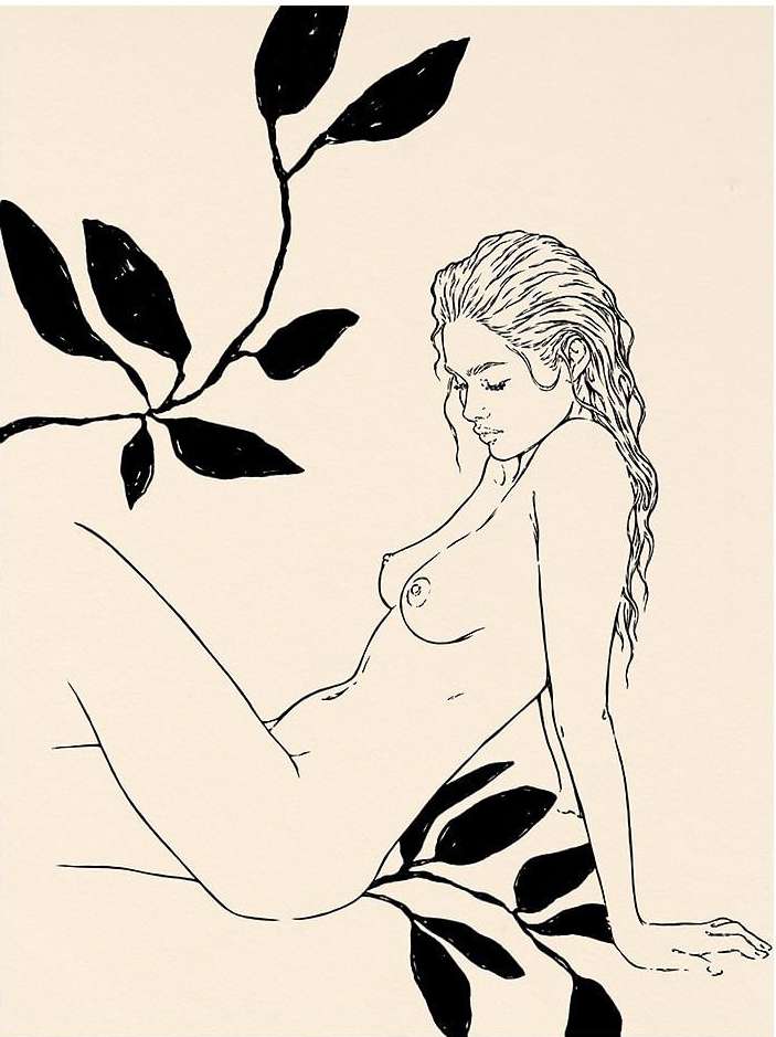 Line art illustration featuring a nude adult female with long hair, sitting near stylized black leaves on a cream background.