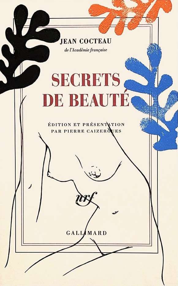 Book cover art by Jean Cocteau features the text "Secrets de Beaute," nudes, and coral and blue Matisse-style shapes on a cream background.