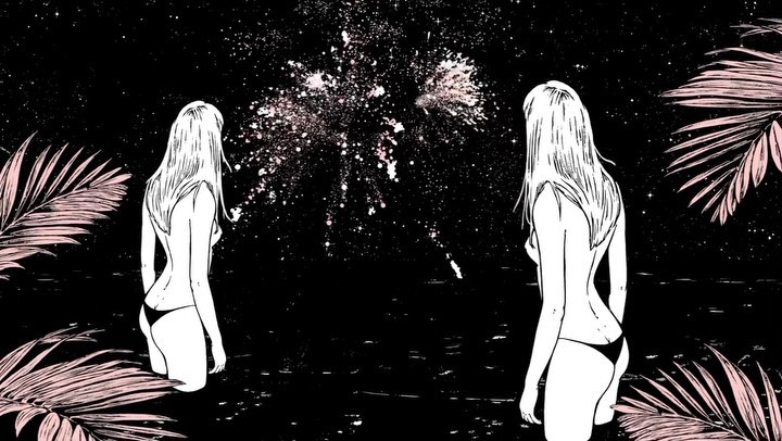 Artistic illustration of two women in swimwear standing on a dark beach, with a burst of light in the night sky and palm trees.