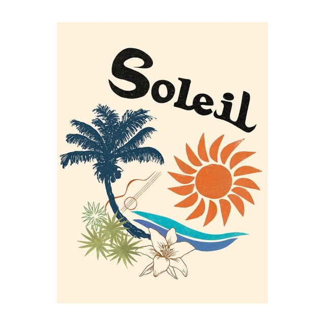 Illustration with stylized text "Soleil", palm tree, sun, flower, and ocean wave on a light beige background.