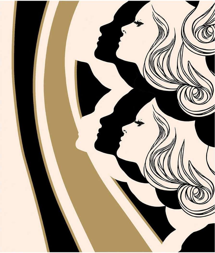 Retro style illustration featuring two side profiles of women with flowing blonde hair against curved graphic black and beige bands