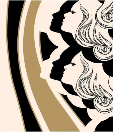Retro style illustration featuring two side profiles of women with flowing blonde hair against curved graphic black and beige bands
