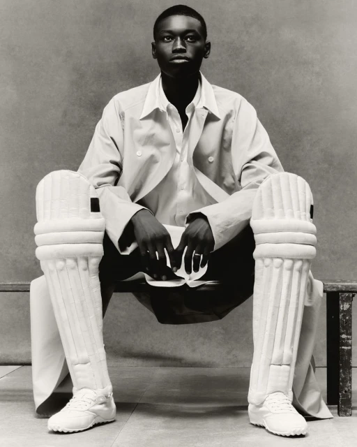 Portrait of a Black adult male seated wearing cricket pads, sneakers, shirt, and jacket in a photo studio with neutral background.