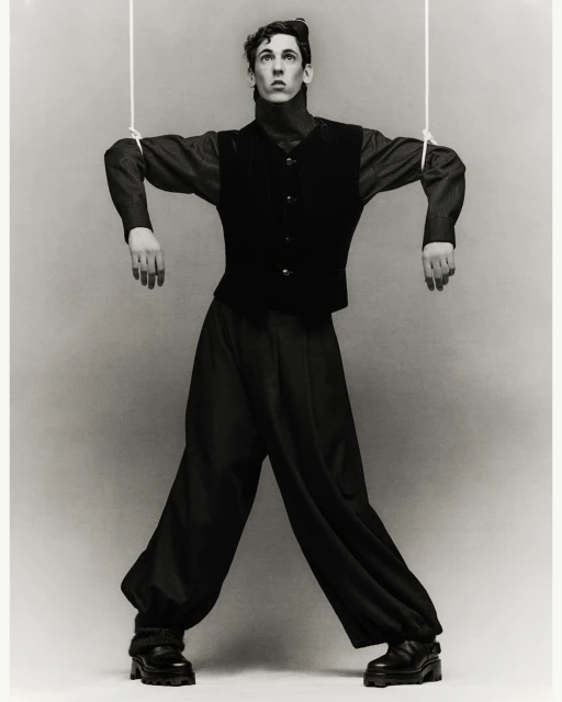 Monochrome image of a fair-skinned male in a dark vest and pants, mimicking a puppet, with strings attached to his arms and head.