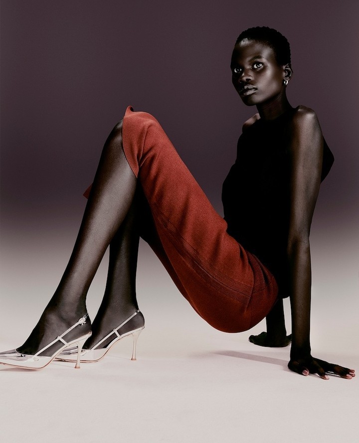 Elegant studio fashion shot of a slender Black woman in rust pants and high heels, gazing at the camera with soft lighting and a neutral backdrop.