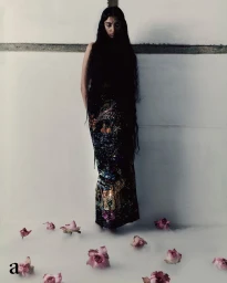Model with long dark hair wearing an embellished dark gown standing against a light wall with pink flowers floating in milk at the base.