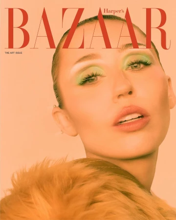 Harper's Bazaar magazine cover features a portrait of a woman with green eye makeup and a fur coat against a peach-colored background.
