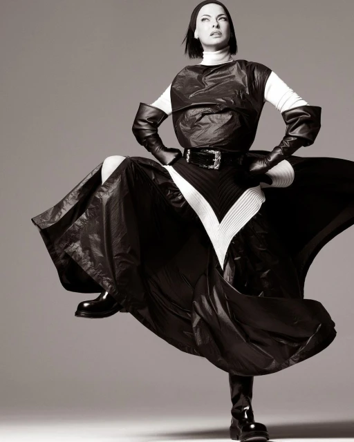 Woman strikes a pose in dramatic black and white studio shot, wearing a high-fashion garment with shiny black fabric and matching boots.
