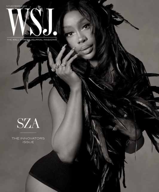 SZA on WSJ. Magazine Innovators Issue cover, November 2023. Shoulder-up studio shot with feather boa, rings on hand, dark monochromatic color grading.