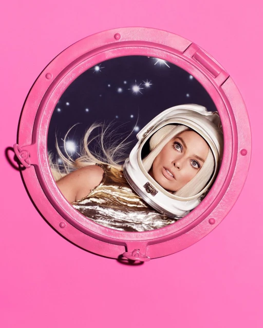 Blonde woman in a white astronaut helmet, seen through a pink round window, looks off to the right against a starry background.