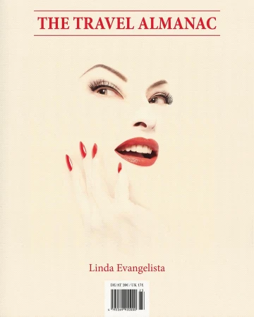 Book cover art featuring a woman's face with red lips and fingernails, titled 'The Travel Almanac' and crediting Linda Evangelista.
