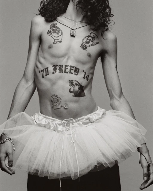 Tattooed male torso with tutu against grey backdrop; expressive editorial fashion portrait showcasing unique style and body art in studio setting.