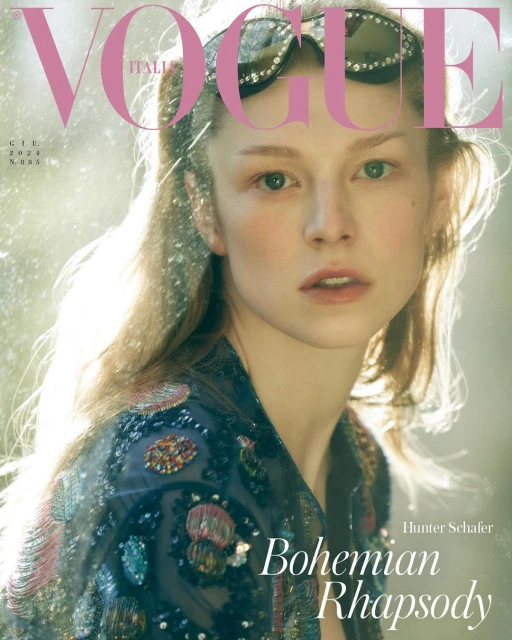 Vogue Italia magazine cover featuring a close-up of model Hunter Schafer wearing embellished sunglasses and an ornamental top.