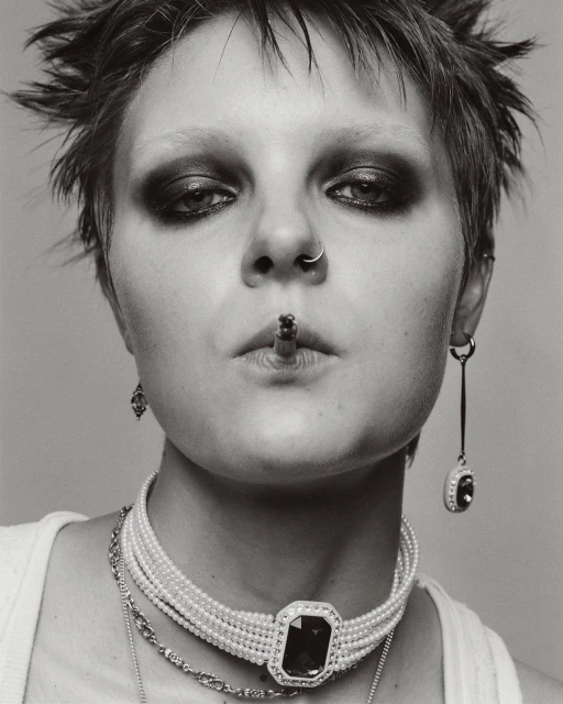 Striking black and white portrait of a woman smoking, adorned with pearl and gemstone jewelry, and bold, dark eyeshadow.