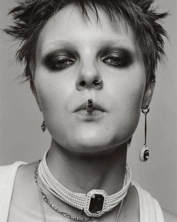 Striking black and white portrait of a woman smoking, adorned with pearl and gemstone jewelry, and bold, dark eyeshadow.