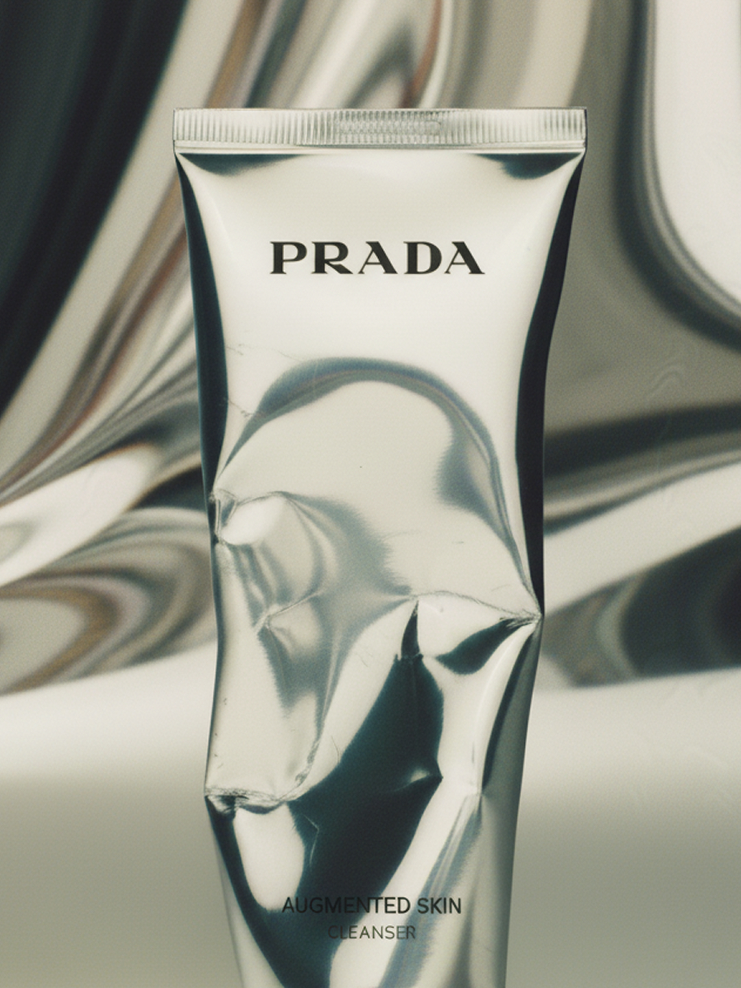 Silver Prada Augmented Skin Cleanser tube against a blurred background with metallic swirls, minimalist beauty and skincare product shot.