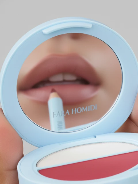 Close-up of makeup product showcasing a powder compact with white and pink powder, and a reflection of a woman applying lip liner.