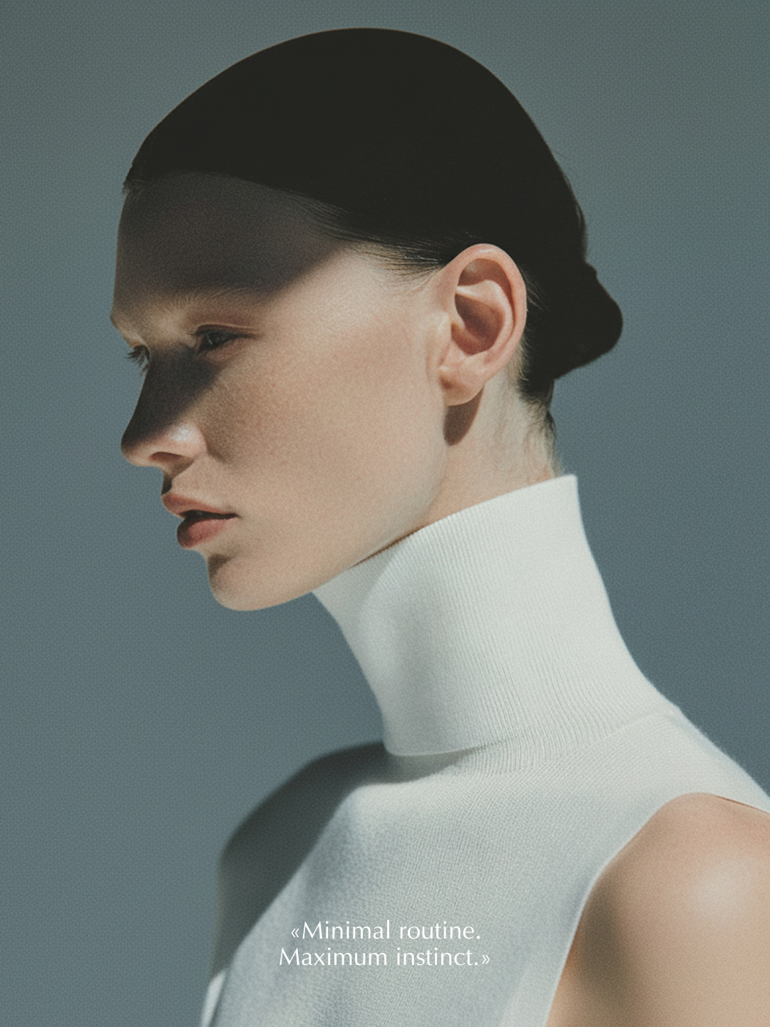 Close-up studio portrait of a woman with dark hair wearing a white turtleneck sweater, side profile, minimalist aesthetic, neutral color palette.