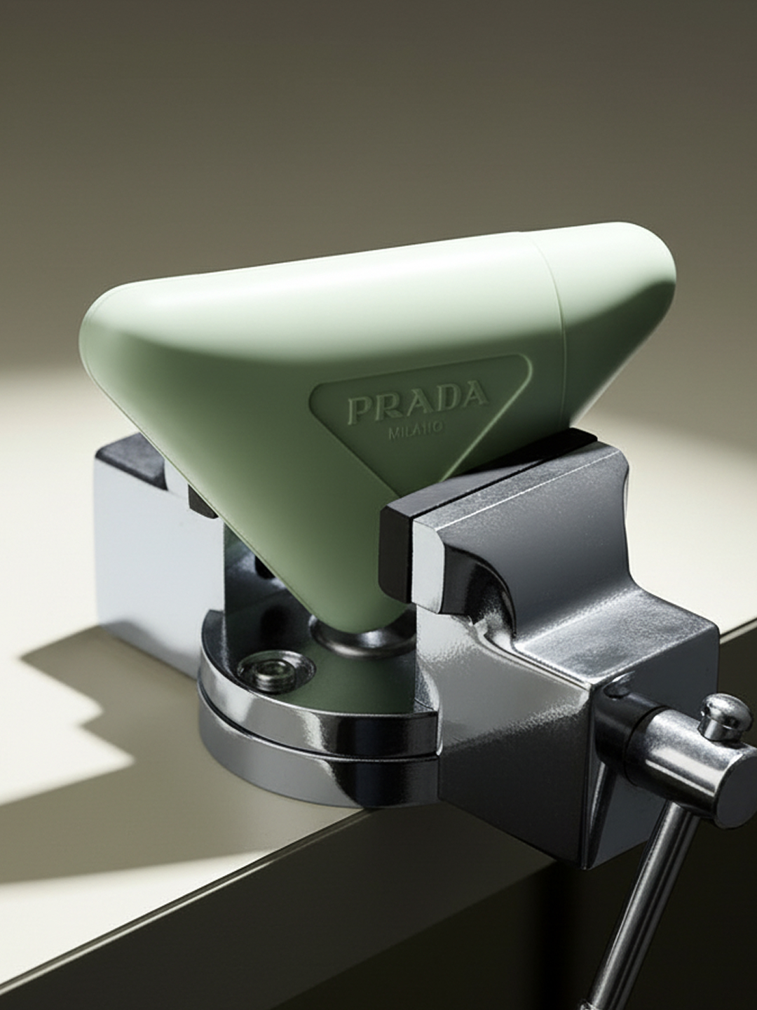 A mint green Prada triangle logo fragrance bottle held in a silver metal vice grip against a gradient beige background in a studio shot.