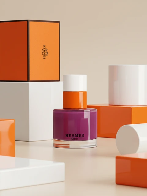 Still life shot of purple nail polish bottle with orange and white accents, paired with orange box and other geometric shapes.
