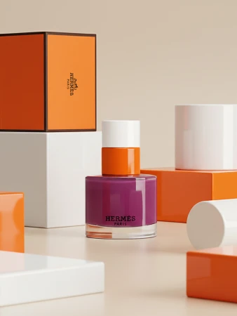 Still life shot of purple nail polish bottle with orange and white accents, paired with orange box and other geometric shapes.