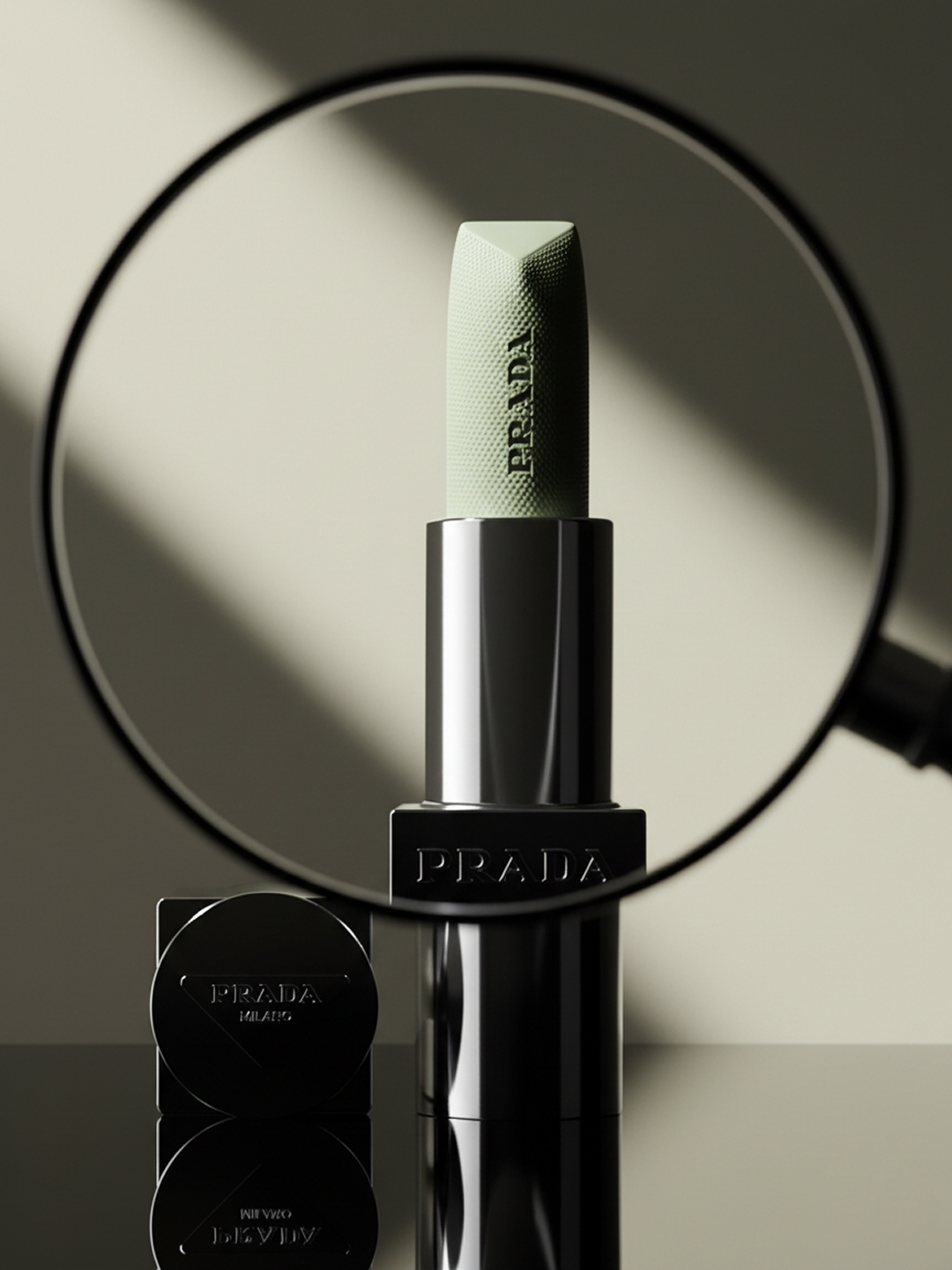Close-up of a mint green Prada lipstick with black packaging under a magnifying glass, highlighting the beauty product's details.