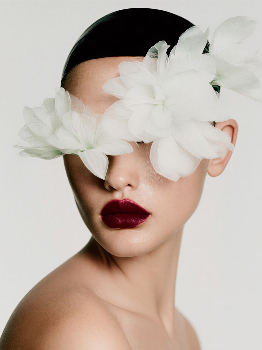 Striking beauty portrait of a woman with deep red lips and white floral headpiece against a light background, showcasing fashion-forward aesthetics.