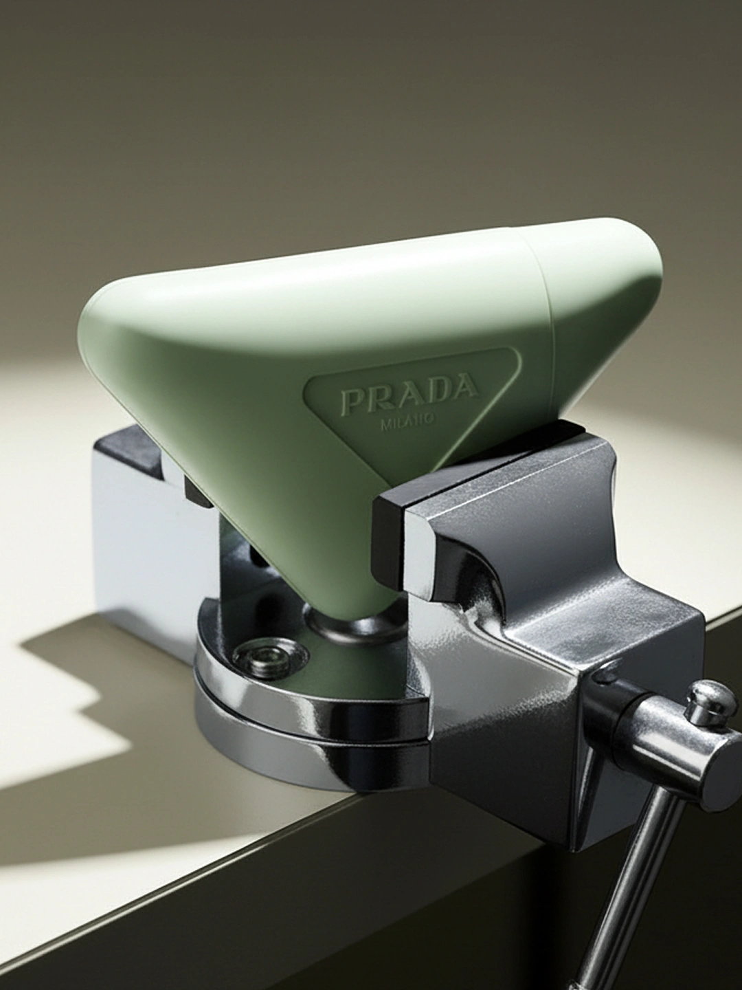 A triangular mint green Prada cosmetic case clamped inside a polished chrome metal bench vise against a pale neutral background.