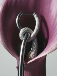 Diamond pave and polished silver intertwined hoop earring resting inside a purple calla lily petal.
